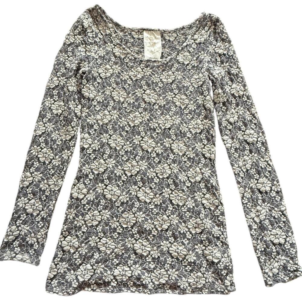 Free People Intimately gray cream floral lace long sleeve scoop neck top M